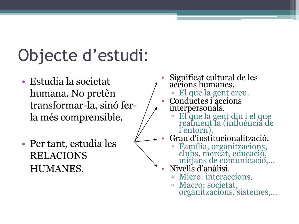 Objecte d’estudi: Estudia la societat humana. No pretèn transformar-la, sinó fer- la més comprensible.