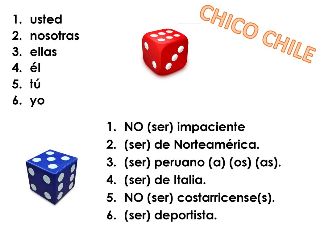 CHICO CHILE usted nosotras ellas él tú yo NO (ser) impaciente