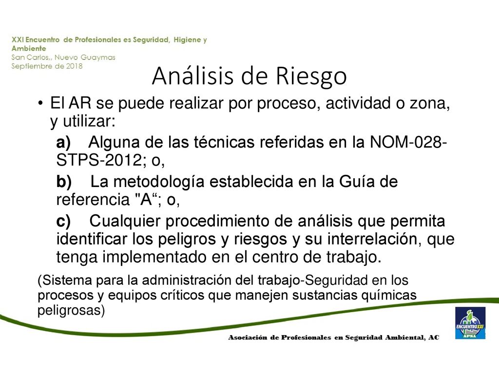 Análisis de Riesgo El AR se puede realizar por proceso, actividad o zona, y utilizar:
