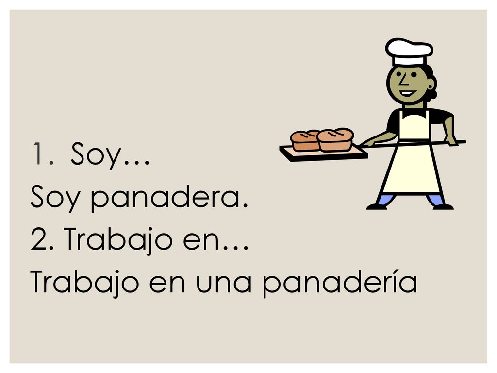 Soy… Soy panadera. 2. Trabajo en… Trabajo en una panadería