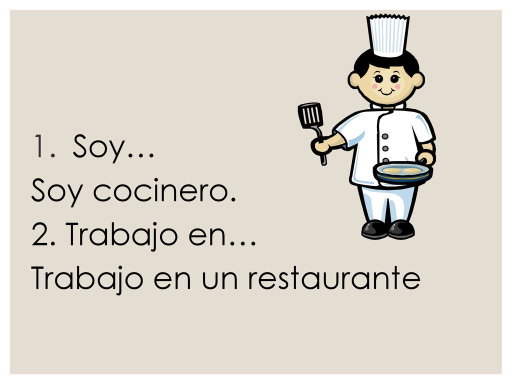 Soy… Soy cocinero. 2. Trabajo en… Trabajo en un restaurante