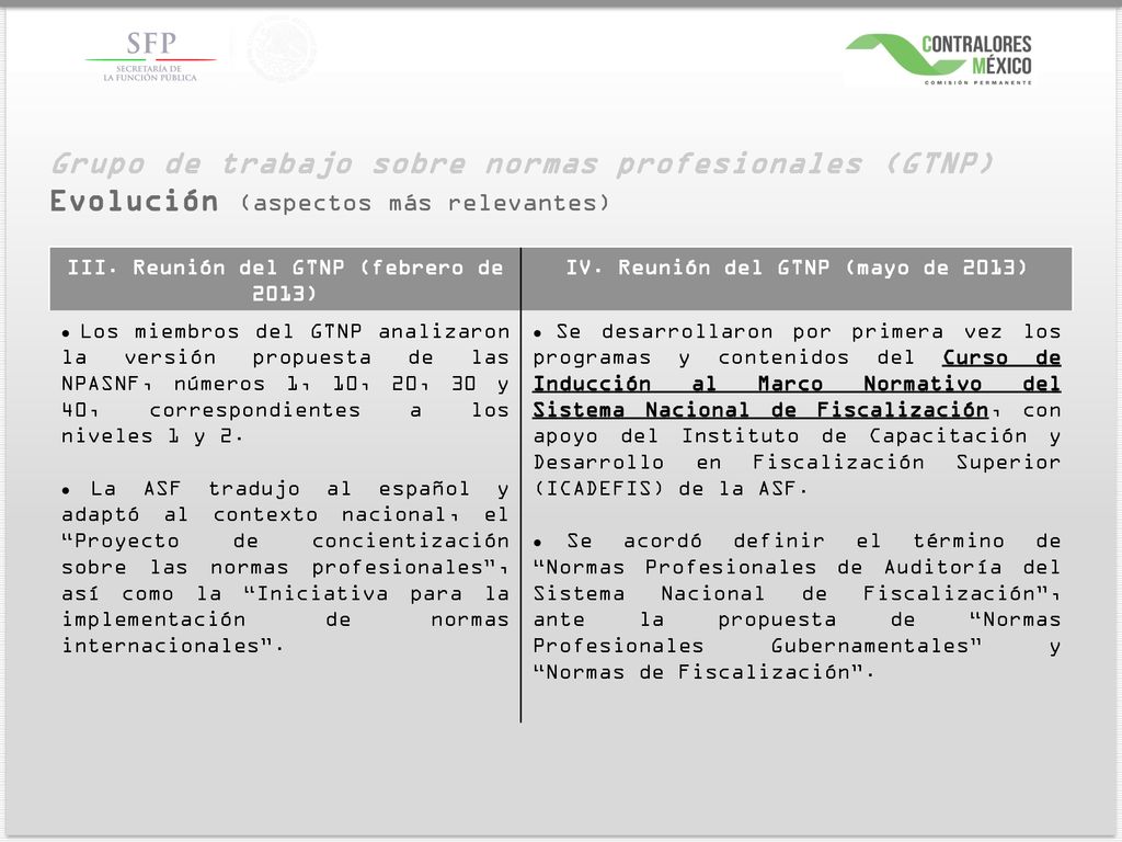 Grupo de trabajo sobre normas profesionales (GTNP) Evolución (aspectos más relevantes)