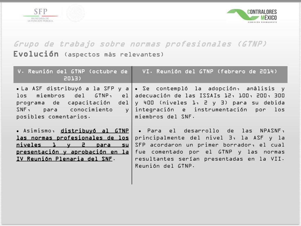 Grupo de trabajo sobre normas profesionales (GTNP) Evolución (aspectos más relevantes)