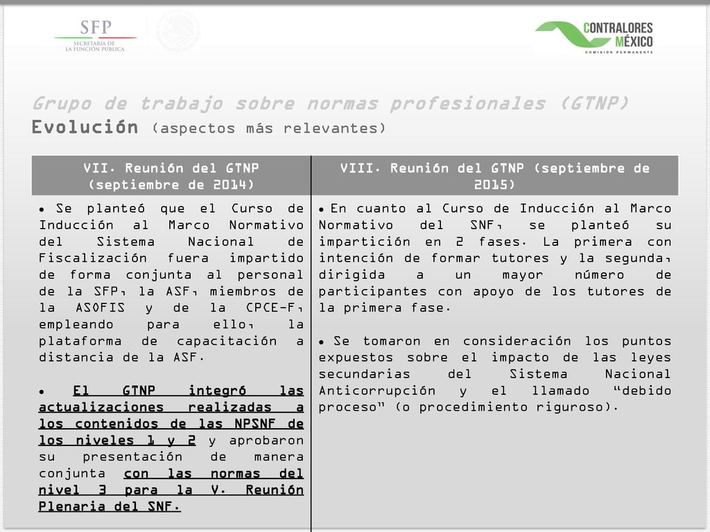Grupo de trabajo sobre normas profesionales (GTNP) Evolución (aspectos más relevantes)