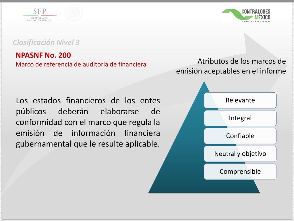 Clasificación Nivel 3 Atributos de los marcos de emisión aceptables en el informe. NPASNF No