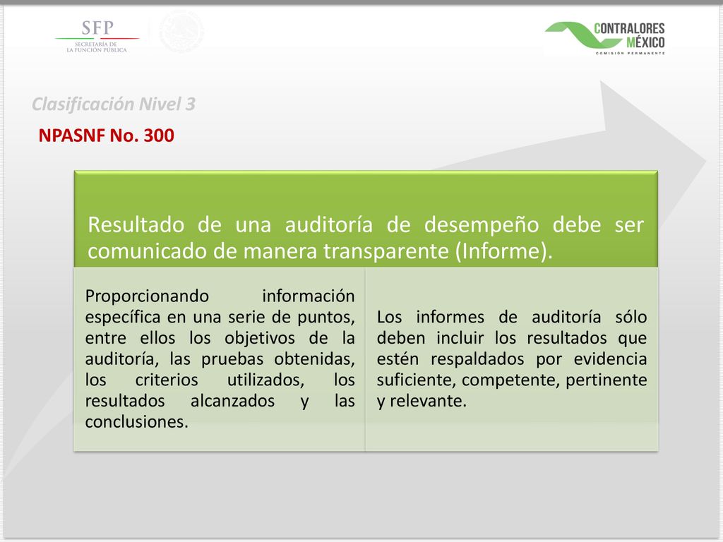 Clasificación Nivel 3 NPASNF No Resultado de una auditoría de desempeño debe ser comunicado de manera transparente (Informe).