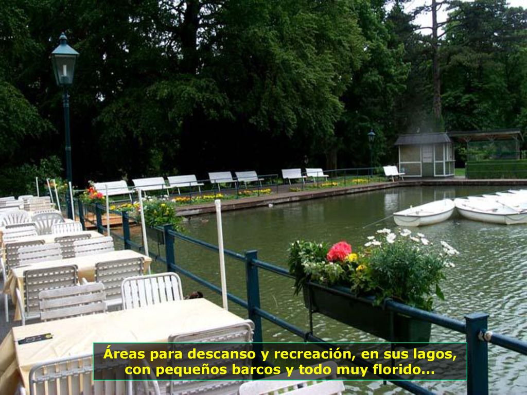 Áreas para descanso y recreación, en sus lagos, con pequeños barcos y todo muy florido...