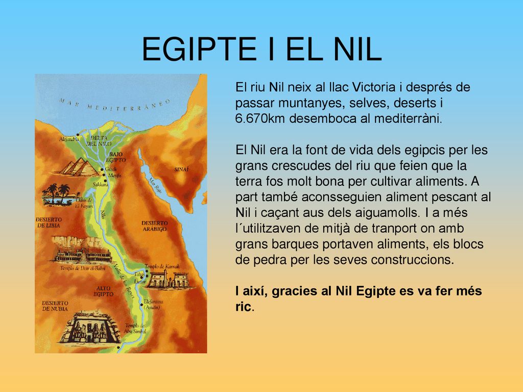 EGIPTE I EL NIL El riu Nil neix al llac Victoria i després de passar muntanyes, selves, deserts i 6.670km desemboca al mediterràni.