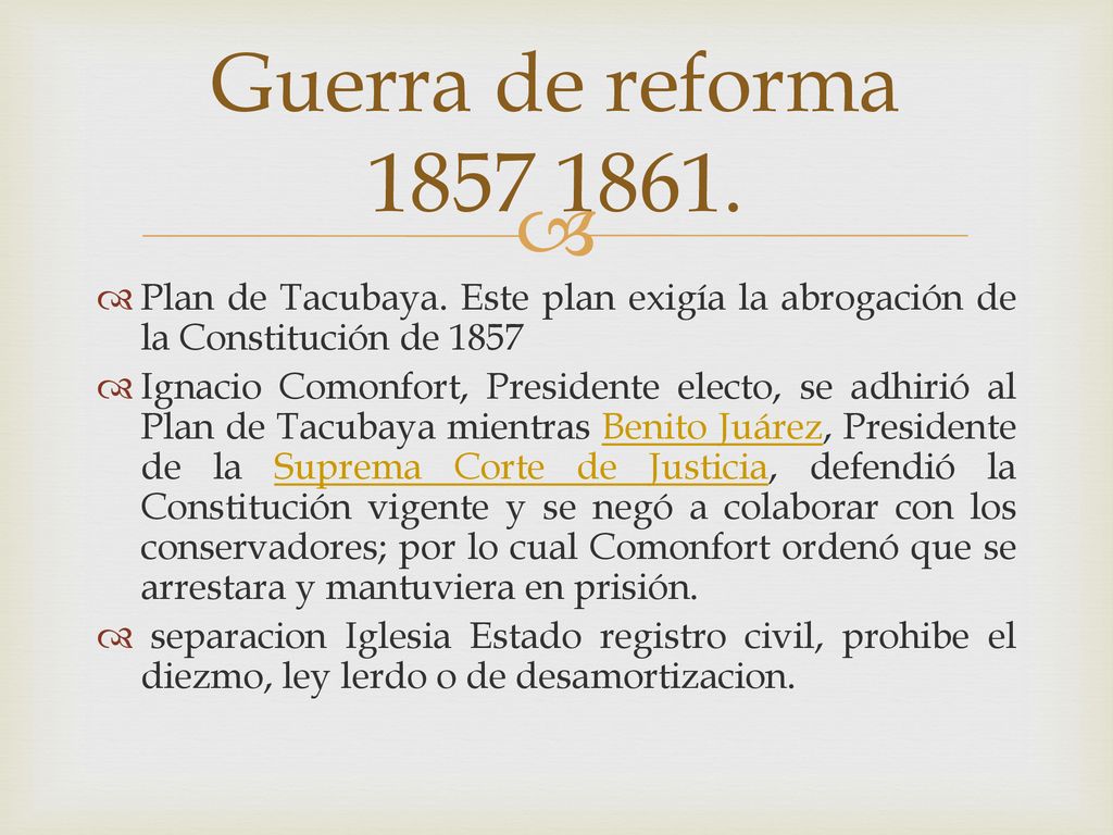 Guerra de reforma Plan de Tacubaya. Este plan exigía la abrogación de la Constitución de