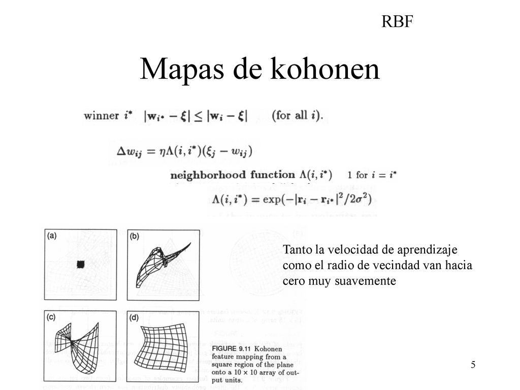 Mapas de kohonen Tanto la velocidad de aprendizaje como el radio de vecindad van hacia cero muy suavemente.