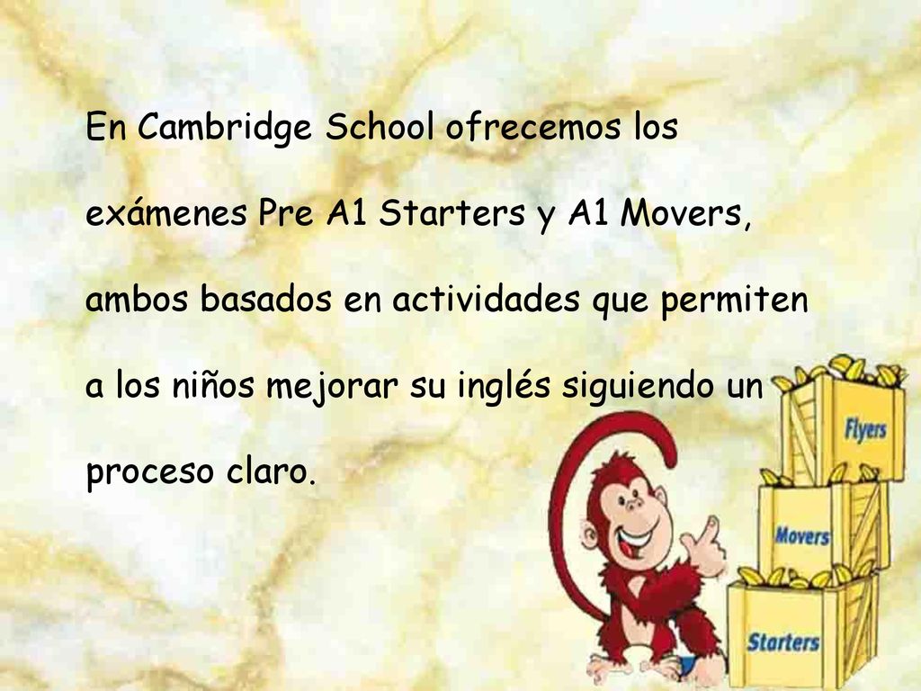En Cambridge School ofrecemos los exámenes Pre A1 Starters y A1 Movers, ambos basados en actividades que permiten a los niños mejorar su inglés siguiendo un proceso claro.
