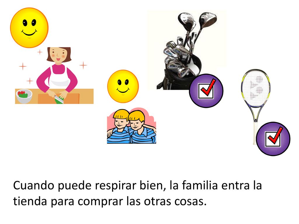 Cuando puede respirar bien, la familia entra la tienda para comprar las otras cosas.