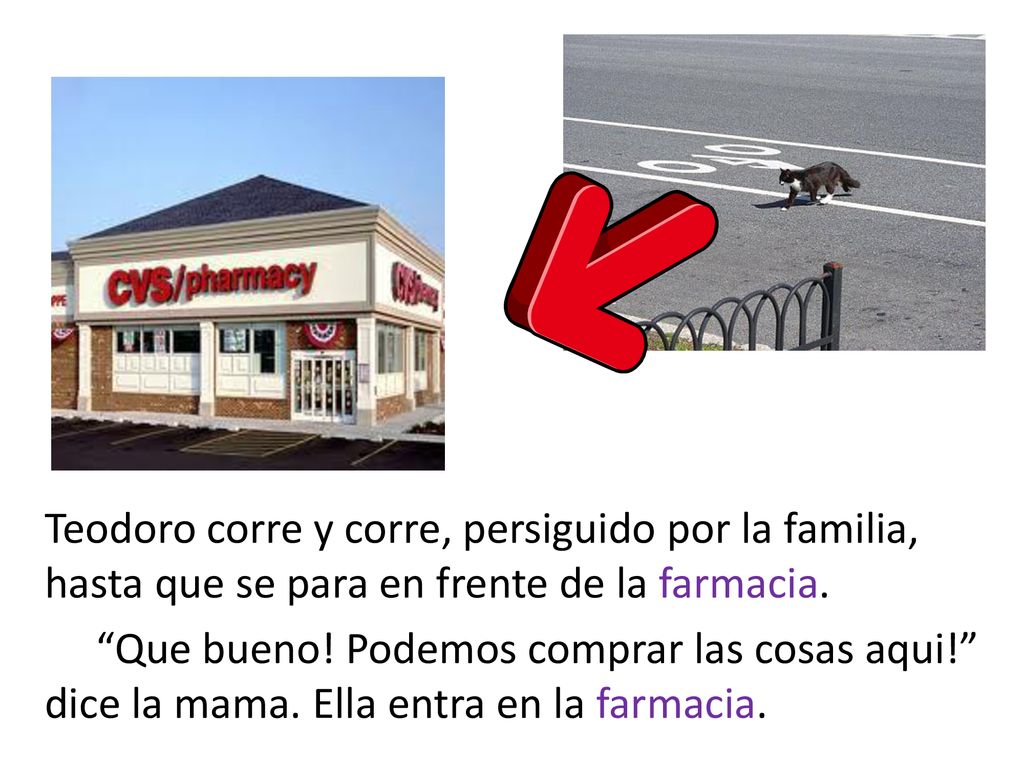 Teodoro corre y corre, persiguido por la familia, hasta que se para en frente de la farmacia.