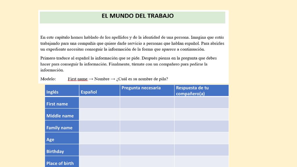 Inglés Español. Pregunta necesaria. Respuesta de tu compañero(a) First name. Middle name. Family name.