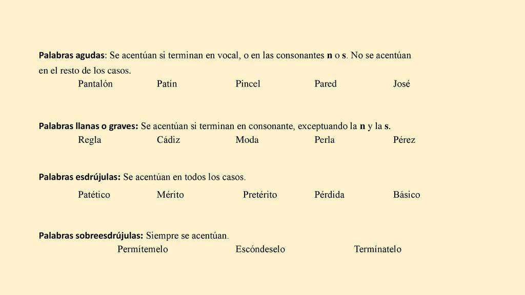 Palabras agudas: Se acentúan si terminan en vocal, o en las consonantes n o s. No se acentúan en el resto de los casos.