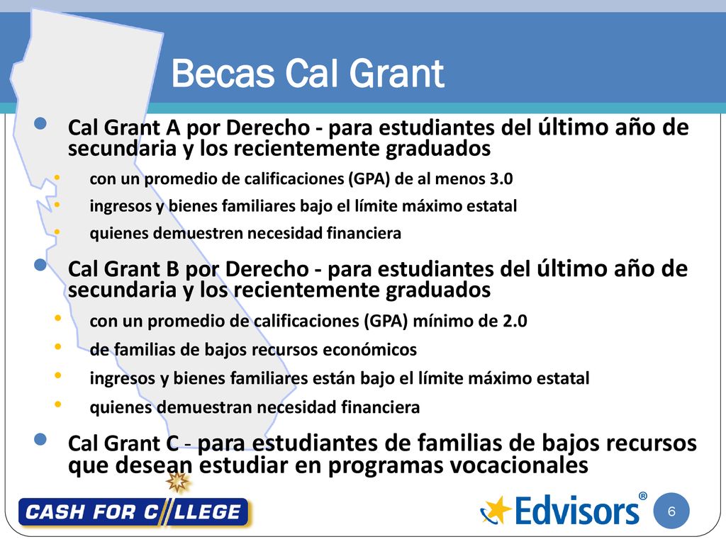 Becas Cal Grant Cal Grant A por Derecho - para estudiantes del último año de secundaria y los recientemente graduados.
