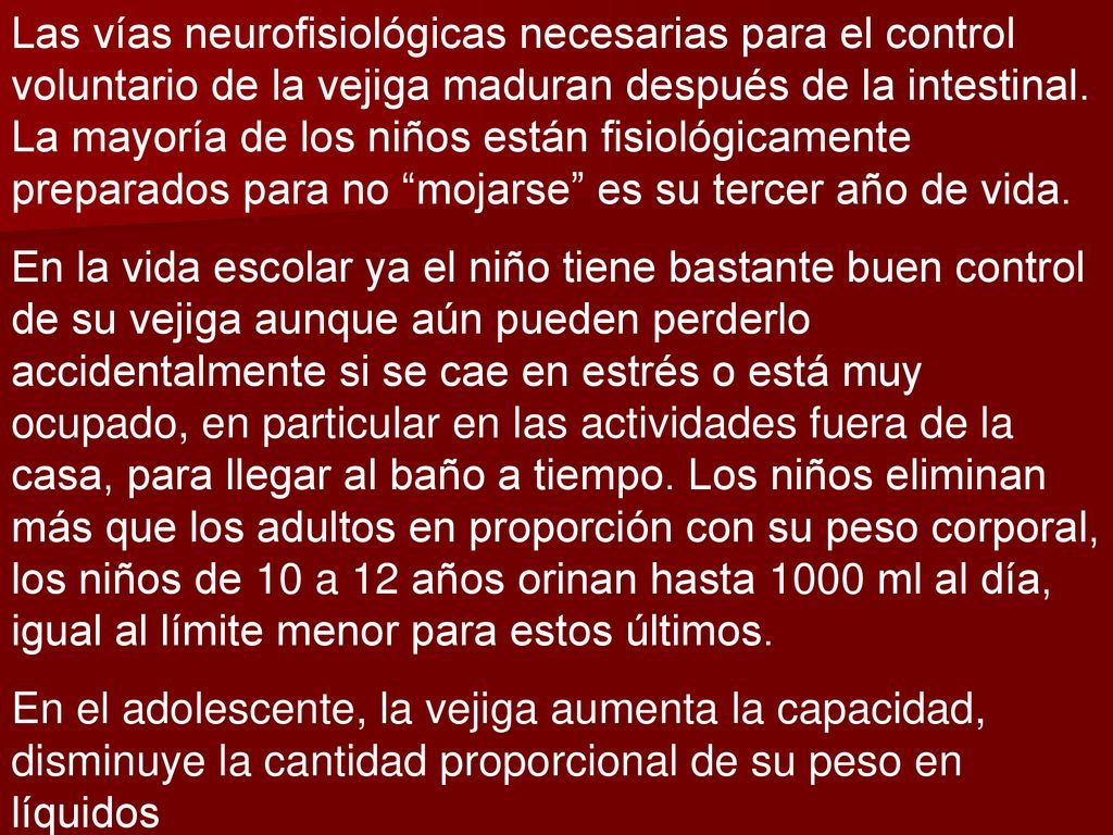 Las vías neurofisiológicas necesarias para el control voluntario de la vejiga maduran después de la intestinal. La mayoría de los niños están fisiológicamente preparados para no mojarse es su tercer año de vida.