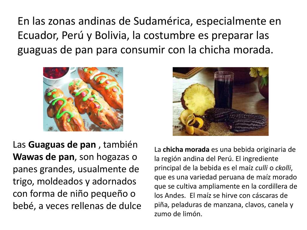 En las zonas andinas de Sudamérica, especialmente en Ecuador, Perú y Bolivia, la costumbre es preparar las guaguas de pan para consumir con la chicha morada.