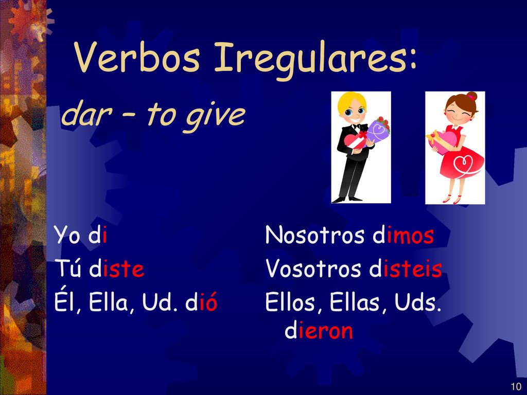 Verbos Iregulares: dar – to give Yo di Tú diste Él, Ella, Ud. dió