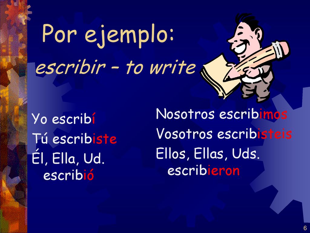Por ejemplo: escribir – to write Nosotros escribimos Yo escribí