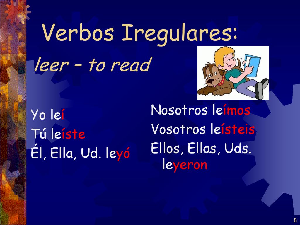 Verbos Iregulares: leer – to read Nosotros leímos Yo leí
