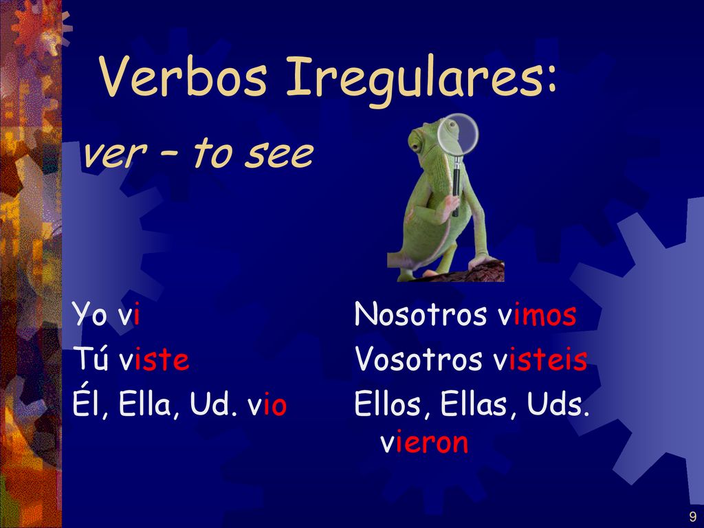 Verbos Iregulares: ver – to see Yo vi Tú viste Él, Ella, Ud. vio