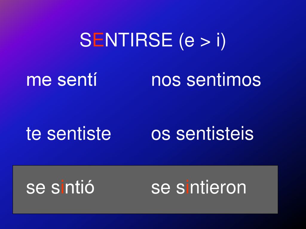 SENTIRSE (e > i) me sentí te sentiste se sintió nos sentimos os sentisteis se sintieron