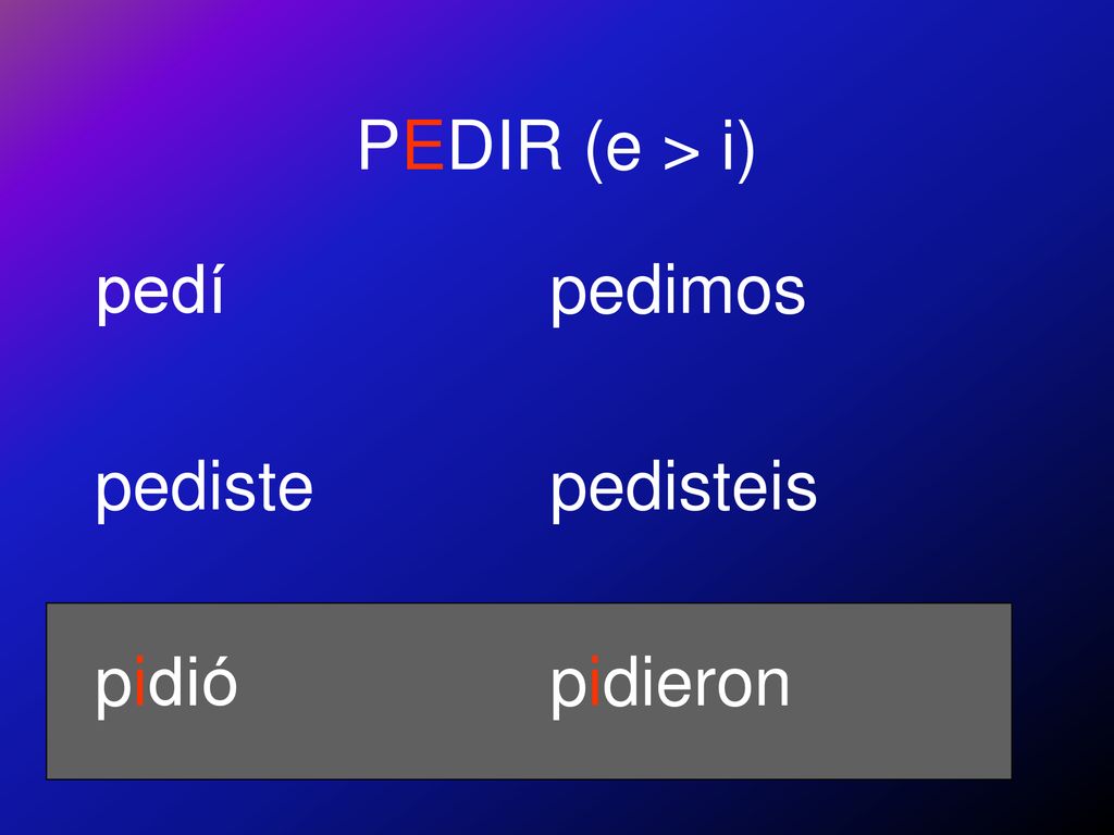 PEDIR (e > i) pedí pediste pidió pedimos pedisteis pidieron