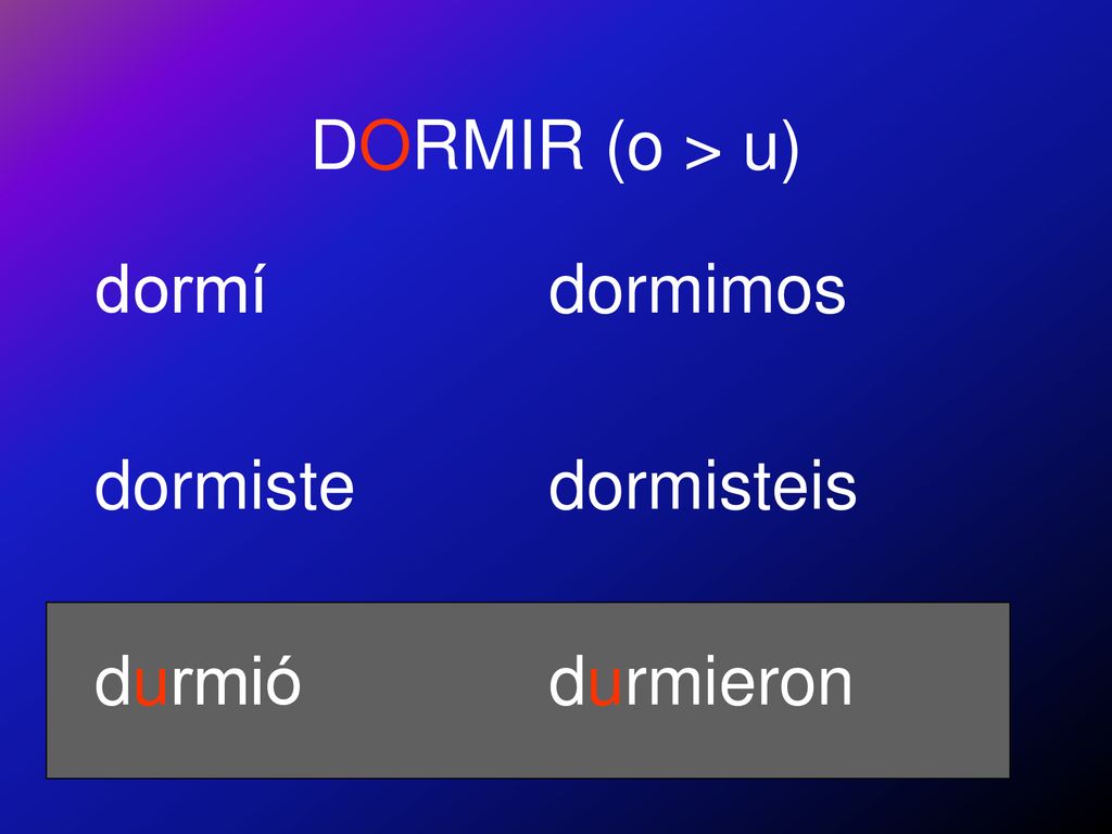 DORMIR (o > u) dormí dormiste durmió dormimos dormisteis durmieron