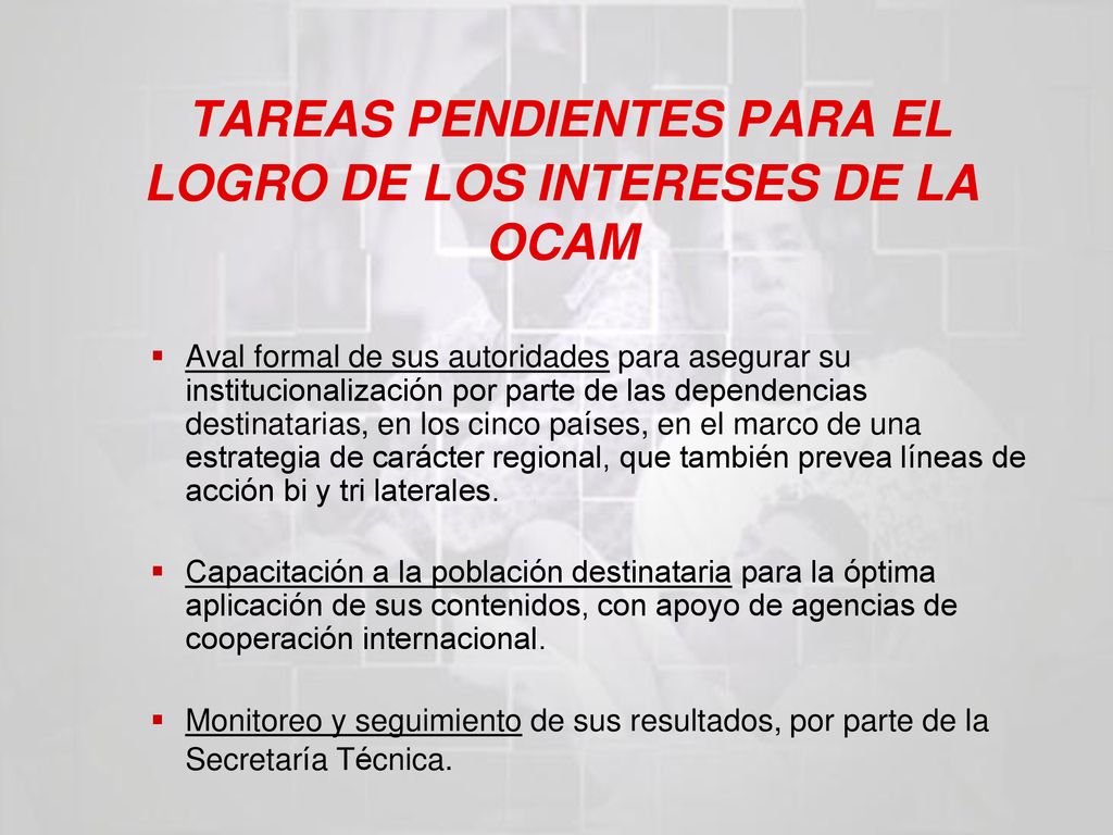 TAREAS PENDIENTES PARA EL LOGRO DE LOS INTERESES DE LA OCAM
