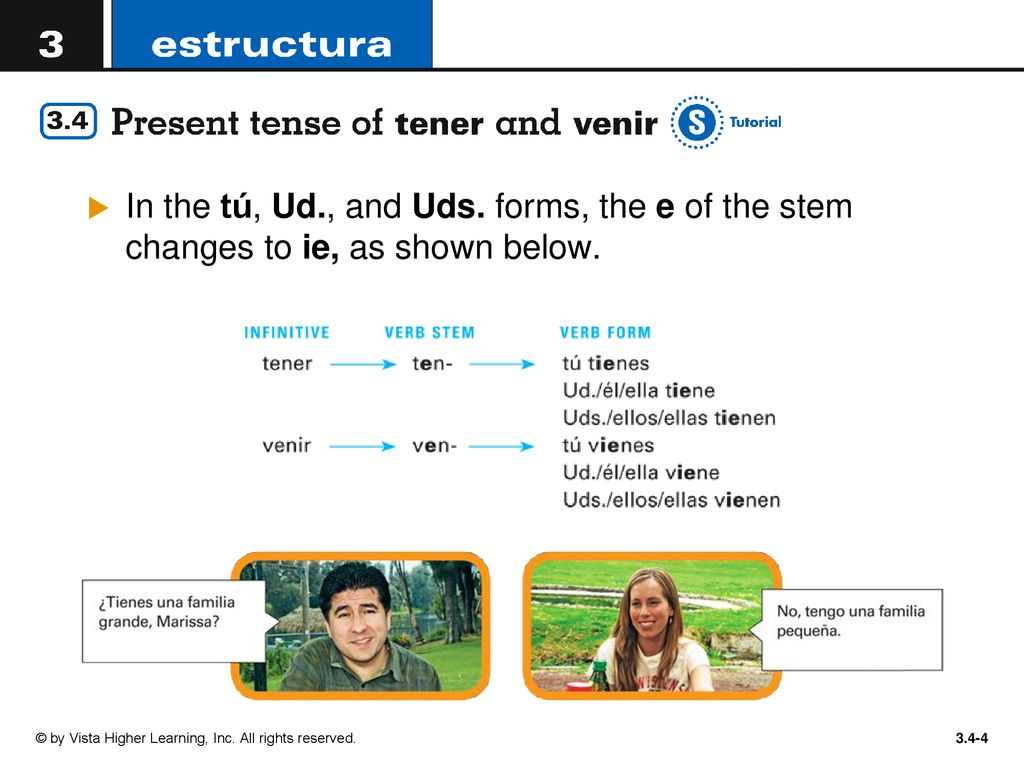 In the tú, Ud., and Uds. forms, the e of the stem changes to ie, as shown below.