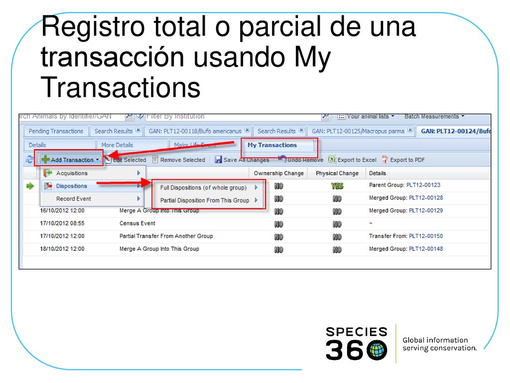 Registro total o parcial de una transacción usando My Transactions