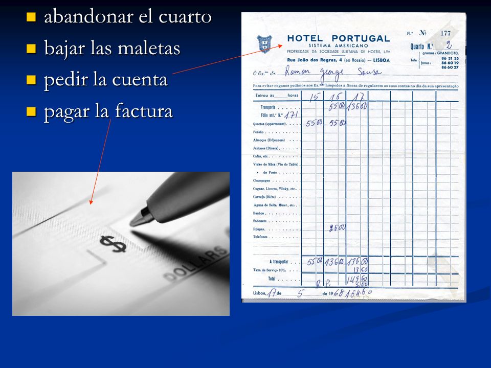 abandonar el cuarto bajar las maletas pedir la cuenta pagar la factura