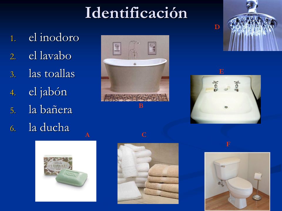 Identificación el inodoro el lavabo las toallas el jabón la bañera