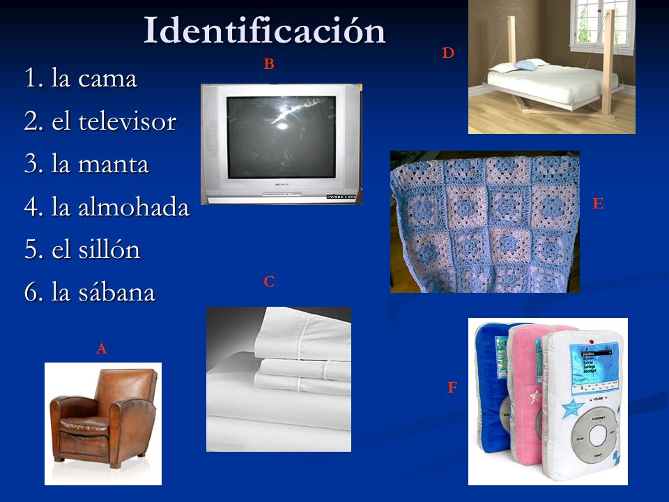 Identificación 1. la cama 2. el televisor 3. la manta 4. la almohada