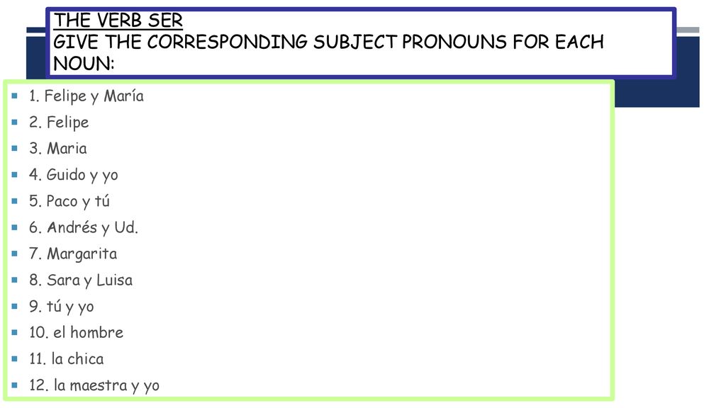 The Verb Ser Give the corresponding subject pronouns for each noun: