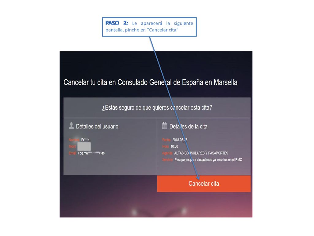 PASO 2: Le aparecerá la siguiente pantalla, pinche en Cancelar cita