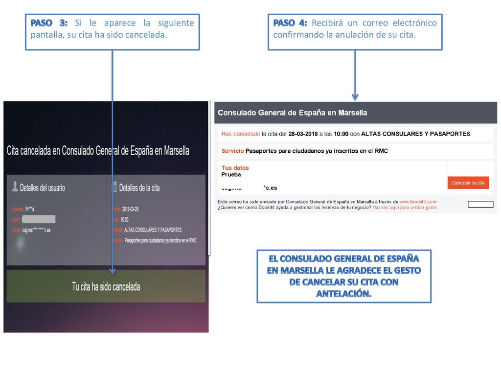 PASO 3: Si le aparece la siguiente pantalla, su cita ha sido cancelada.