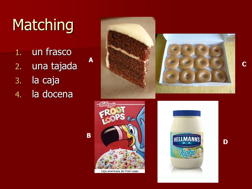 Matching un frasco una tajada la caja la docena A C B D
