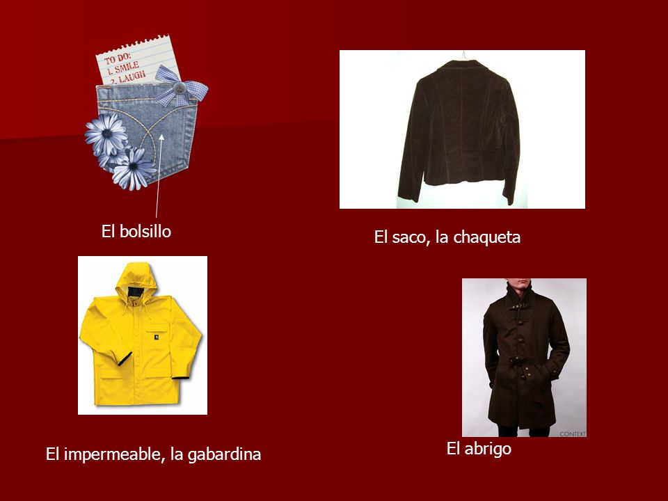 El bolsillo El saco, la chaqueta El abrigo El impermeable, la gabardina