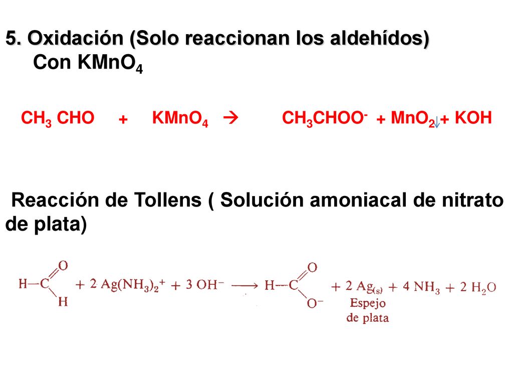 CH3 CHO + KMnO4  CH3CHOO- + MnO2 + KOH