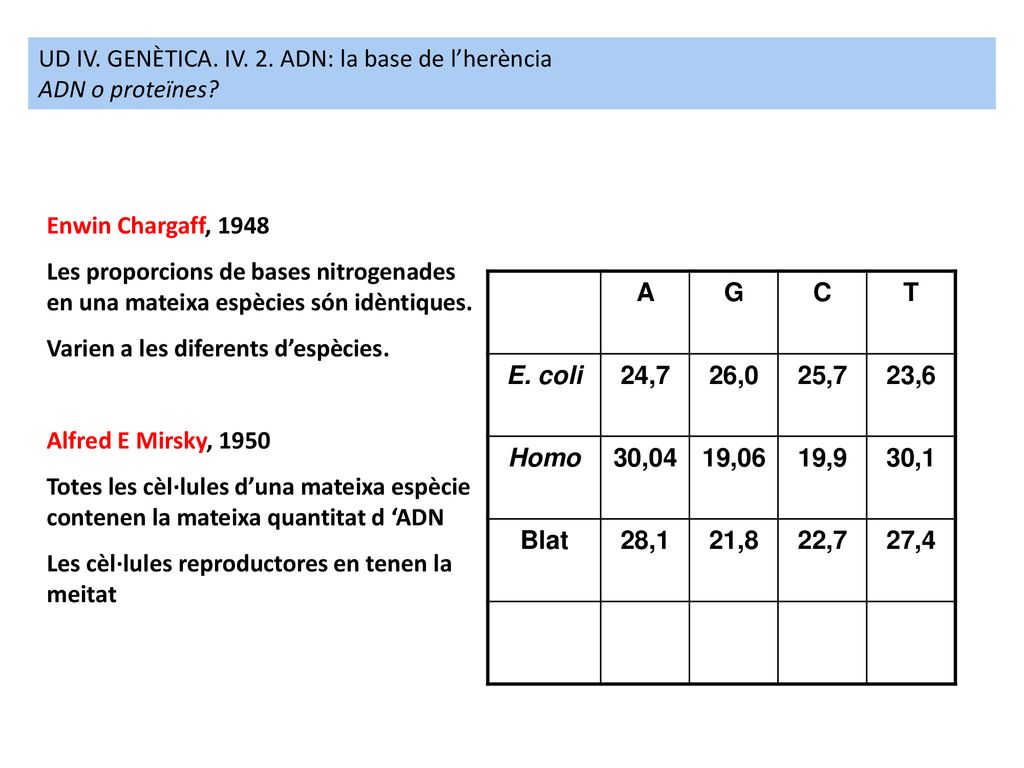 UD IV. GENÈTICA. IV. 2. ADN: la base de l’herència