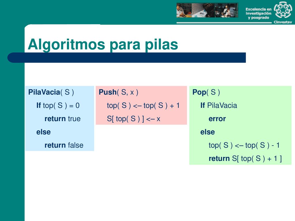 Algoritmos para pilas PilaVacia( S ) If top( S ) = 0 return true else