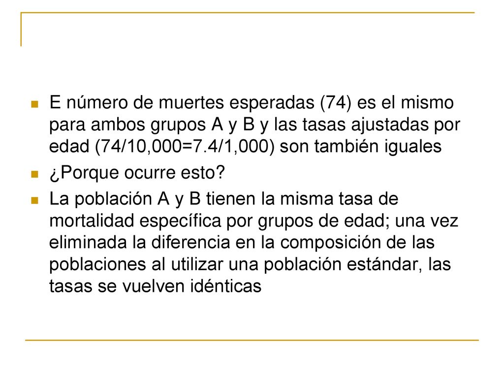 E número de muertes esperadas (74) es el mismo para ambos grupos A y B y las tasas ajustadas por edad (74/10,000=7.4/1,000) son también iguales