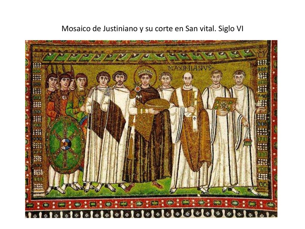 Mosaico de Justiniano y su corte en San vital. Siglo VI