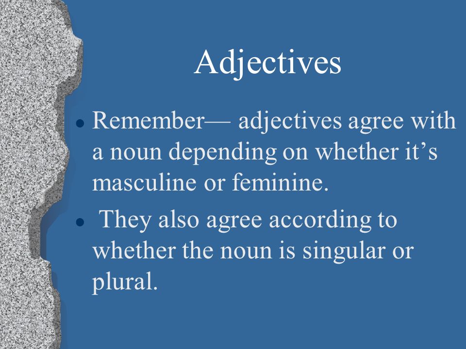 Adjectives Remember— adjectives agree with a noun depending on whether it’s masculine or feminine.