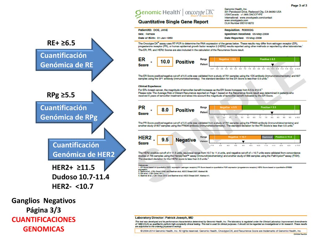 Cuantificación Genómica de RE. RE+ ≥6.5. Cuantificación. Genómica de RPg. RPg ≥5.5. Cuantificación.