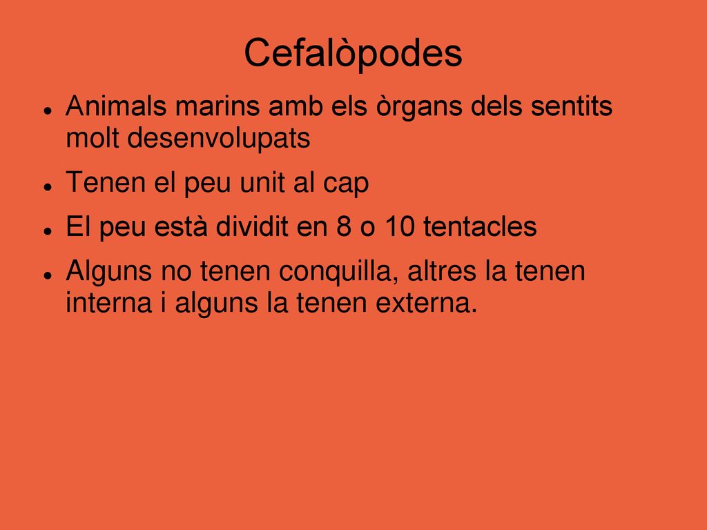 Cefalòpodes Animals marins amb els òrgans dels sentits molt desenvolupats. Tenen el peu unit al cap.