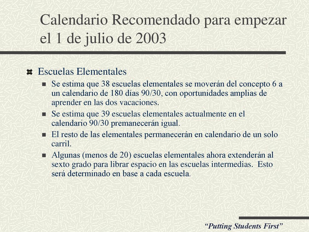 Calendario Recomendado para empezar el 1 de julio de 2003