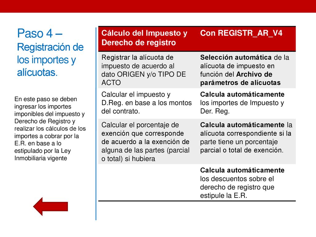 Paso 4 – Registración de los importes y alícuotas.
